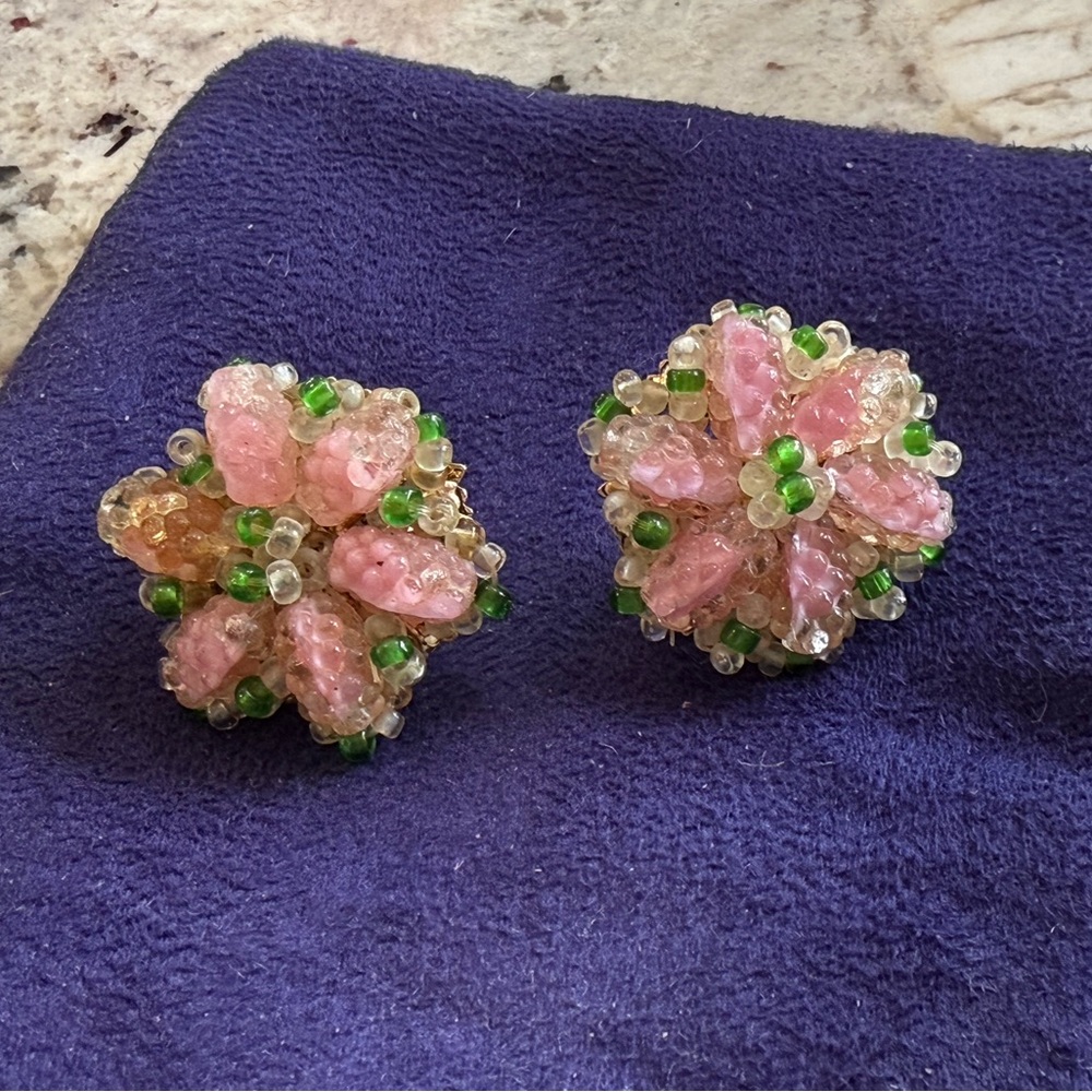 Vintage Vendome signed pink and green glass bead clip-on and screwback earrings